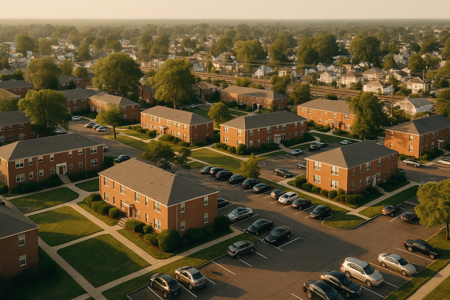 Co-op apartment buildings in a Nassau County, Long Island village center