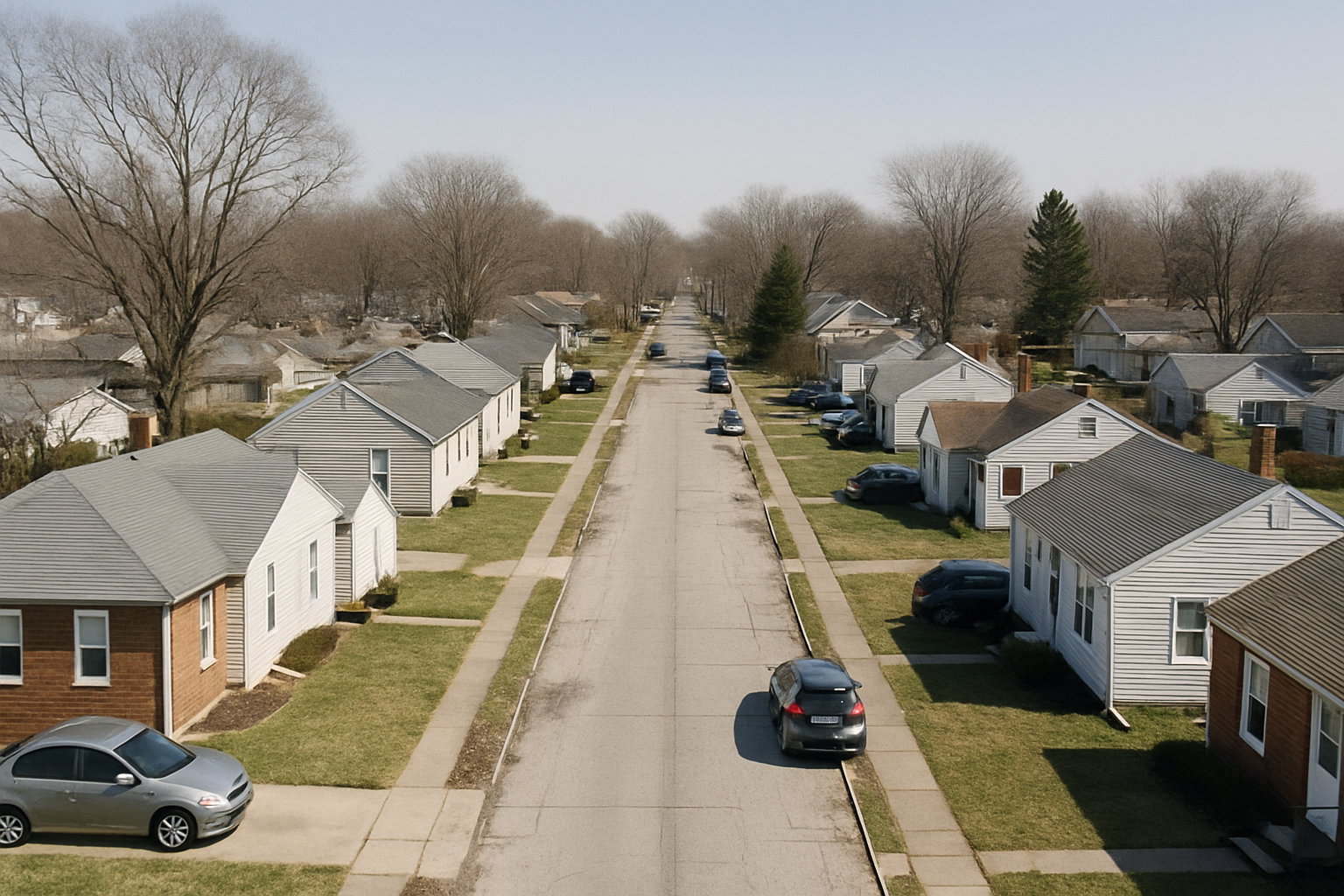 Aerial view of a starter-home street on the east side of the Indianapolis metro