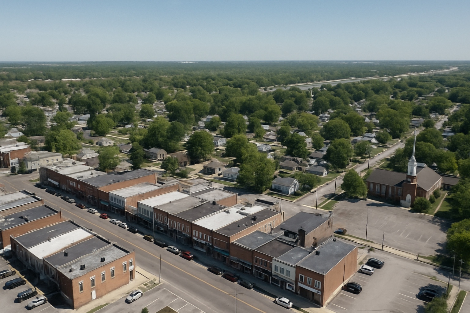 Aerial view of Greenwood, Indiana and its Old Town commercial block south of Indianapolis