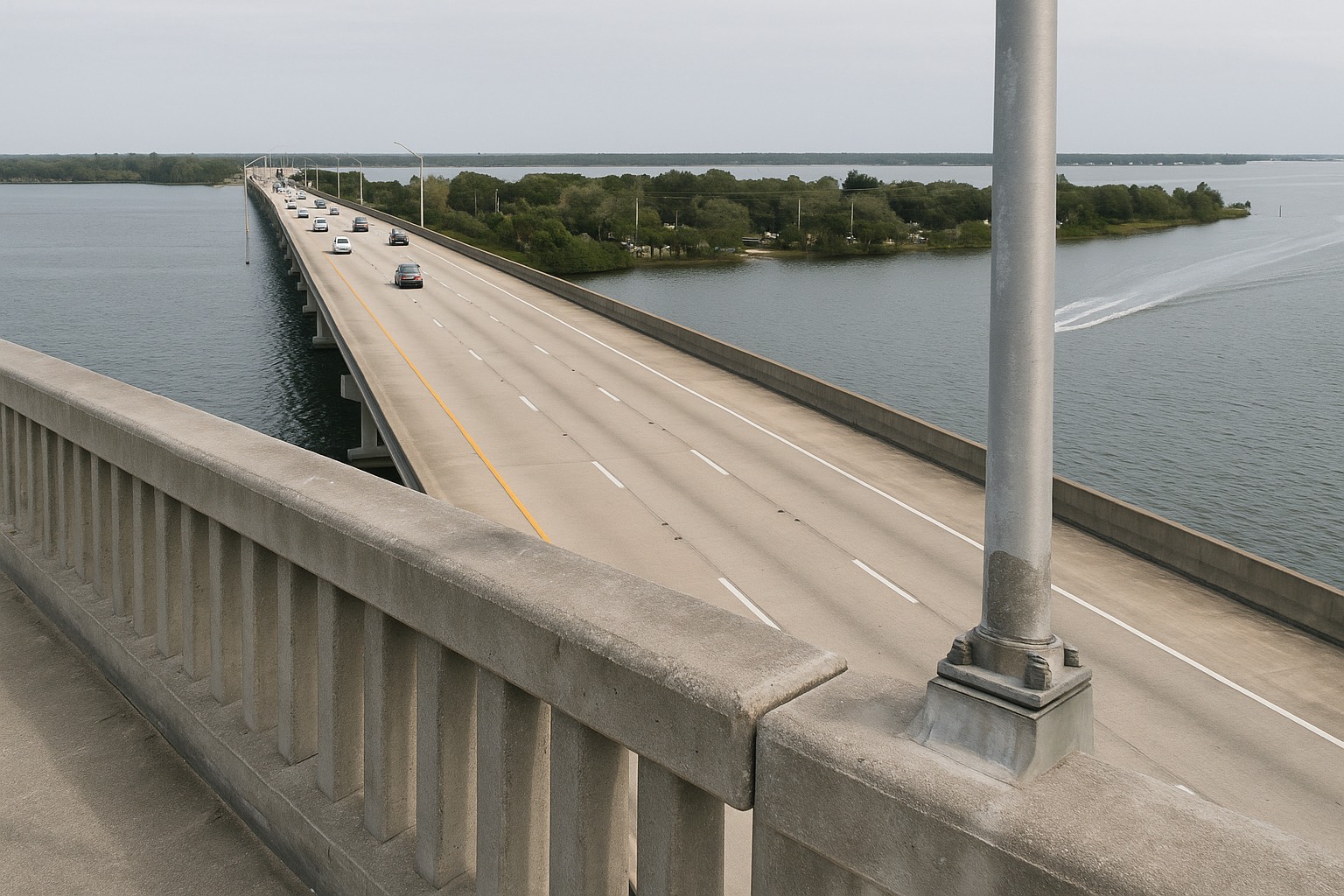 Daylight aerial of Merritt Island, Florida, a long causeway bridge crossing the calm Indian River Lagoon.