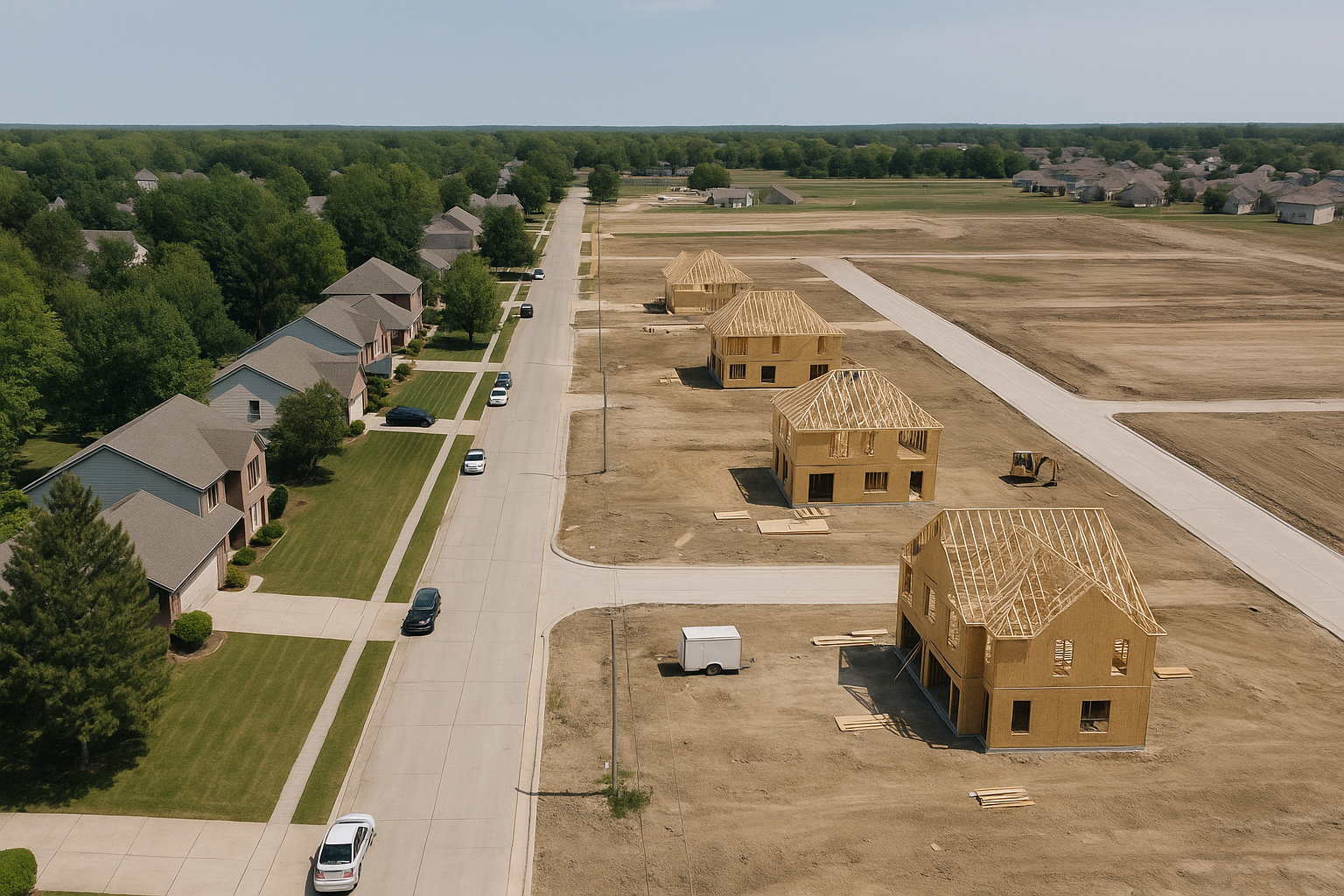 Aerial view where an established central Indiana street meets a new subdivision under construction