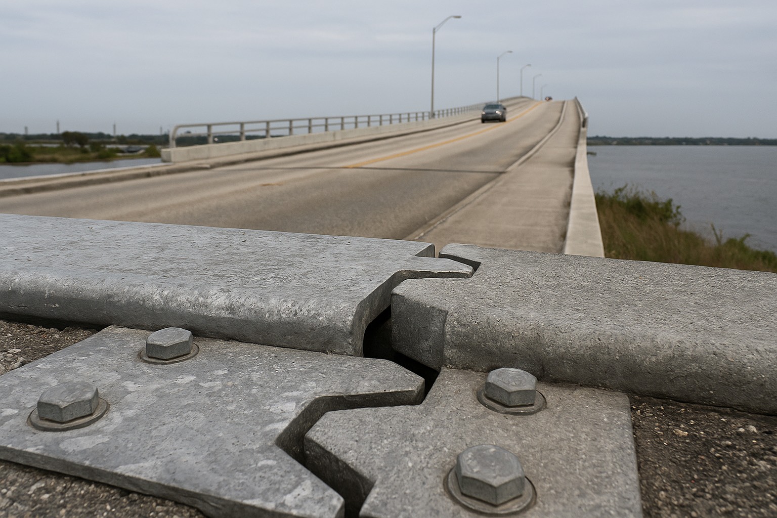 Daylight aerial along Florida's Space Coast, Interstate 95 and US 1 inland, a causeway crossing to the barrier island.