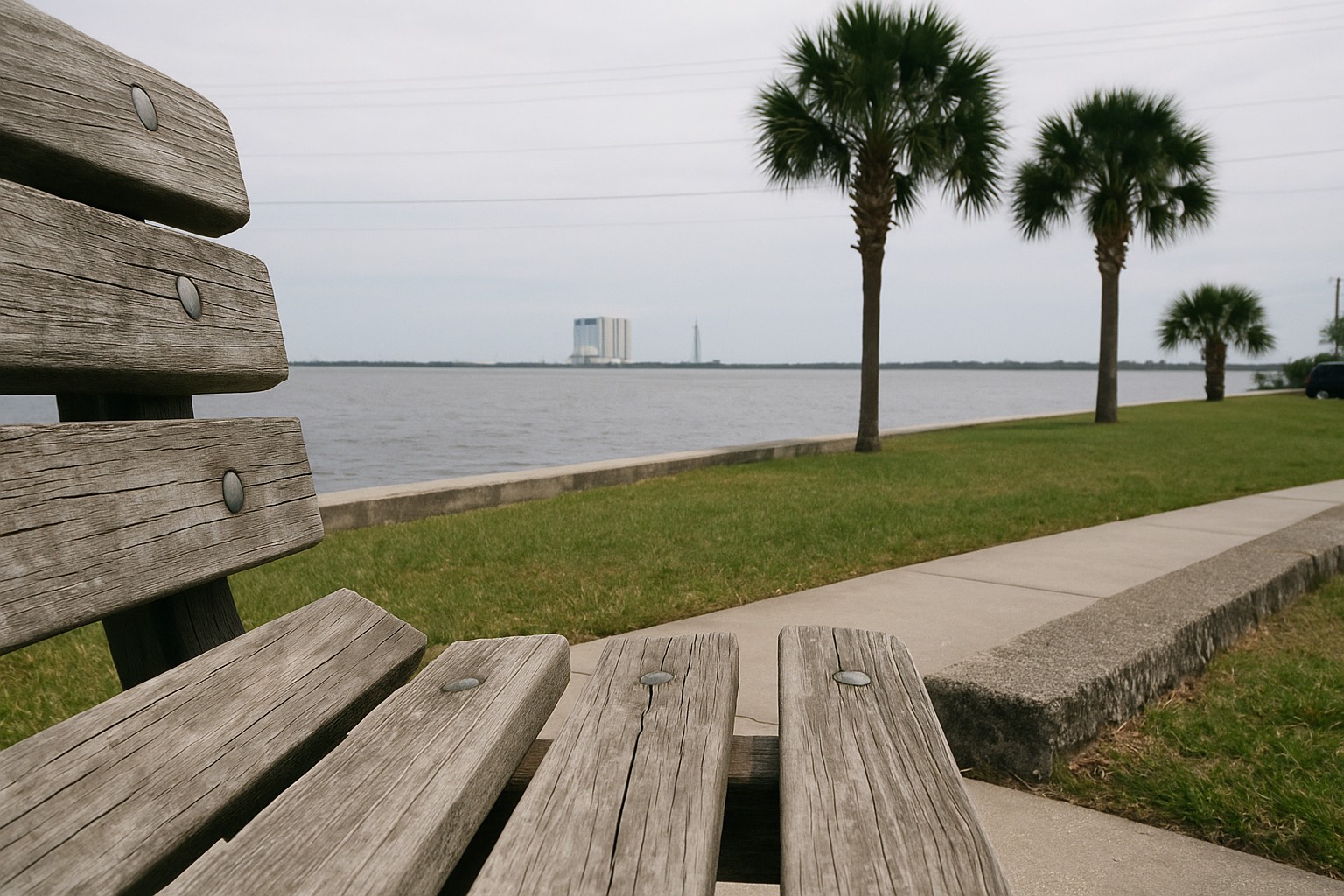 Daylight aerial looking east across the Indian River Lagoon from Titusville, Florida toward the Kennedy Space Center.